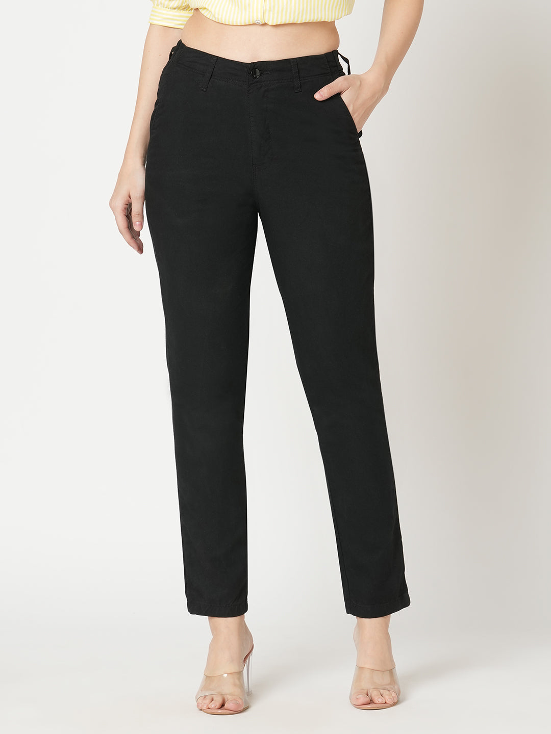 Women Black Mid-Rise Slim Fit Trousers