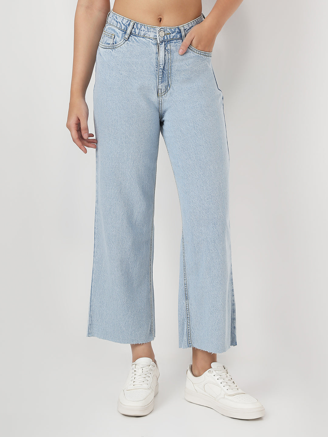 Women Light Blue Crop Wide Leg Jeans