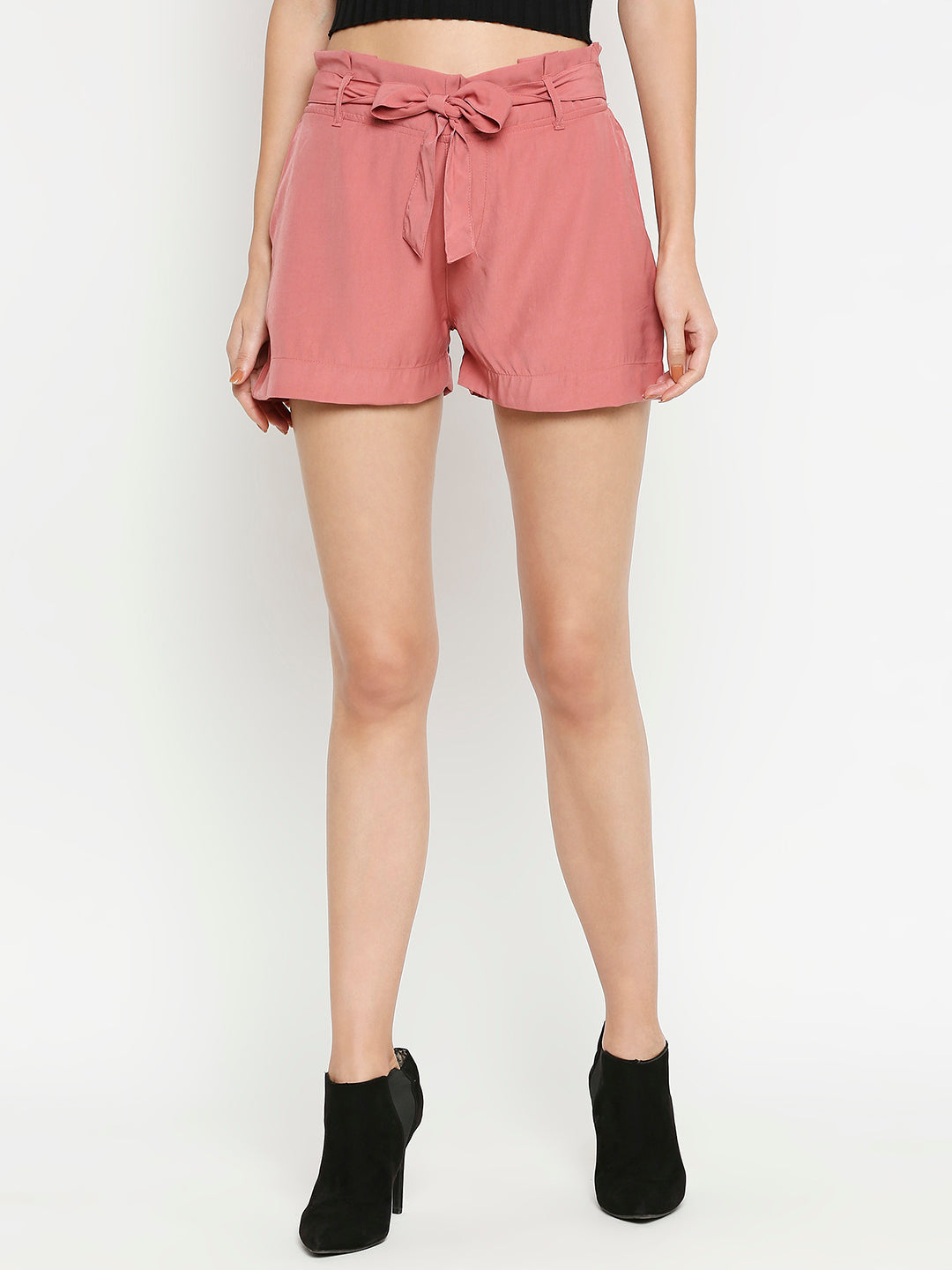 Women High-Rise Paper Bag Slim Shorts