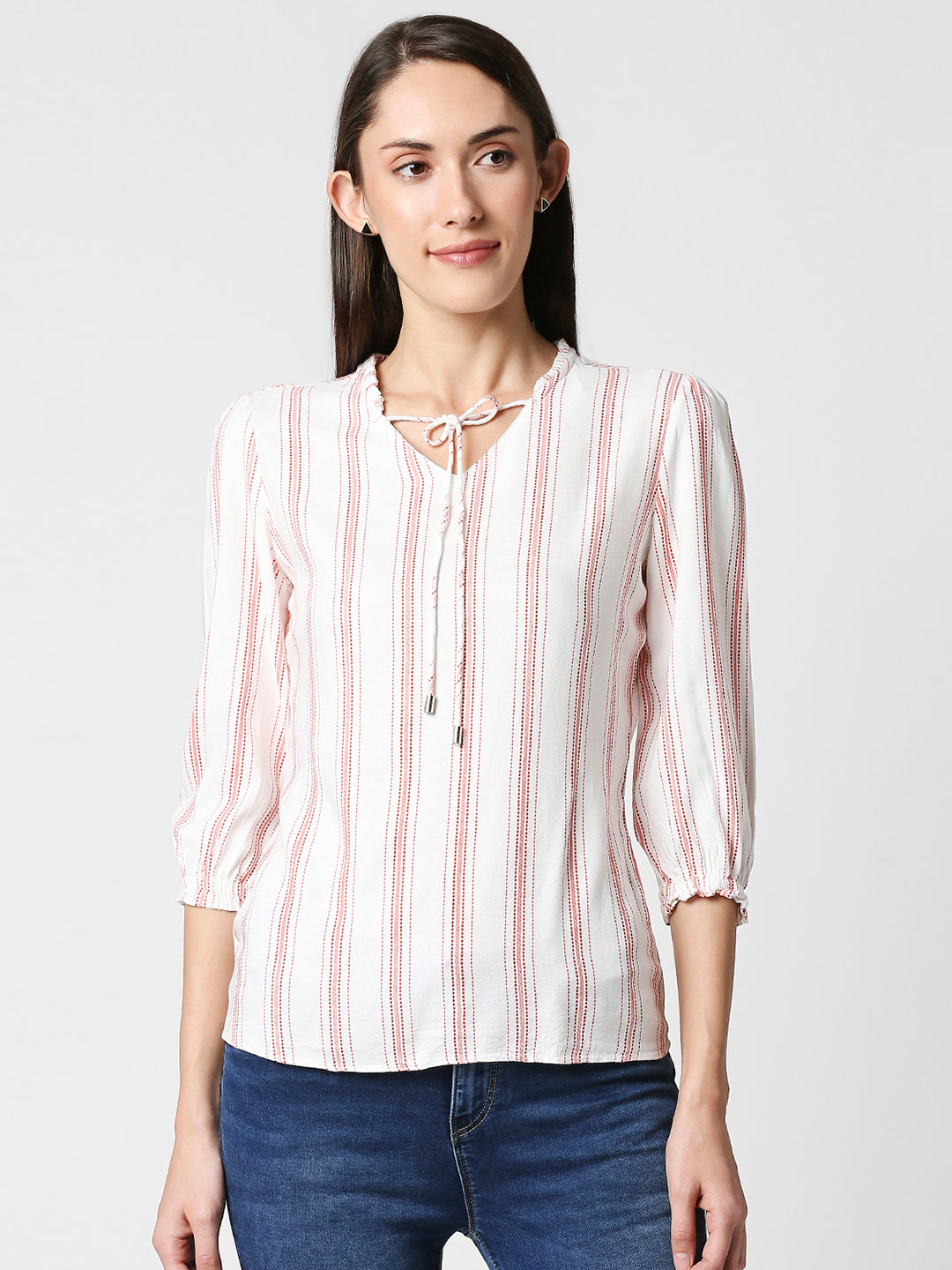 Women Red & White Slim Top