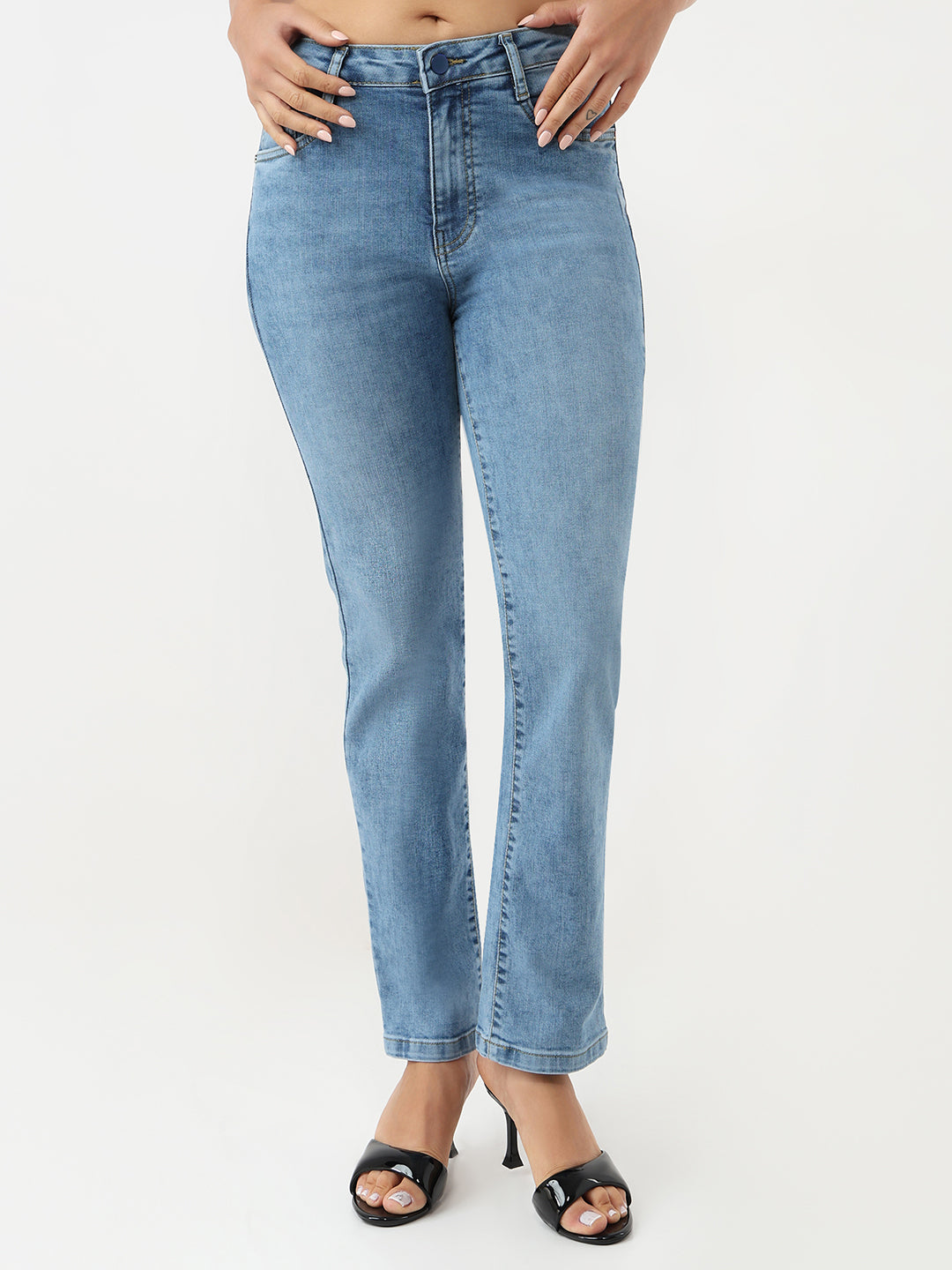 Women Blue High-Rise Slim Straight Jeans