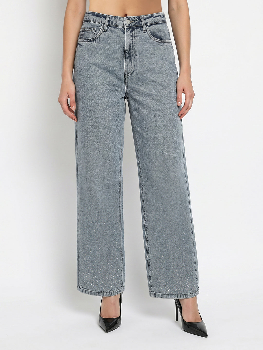 Women Light Blue High-Rise Rhinestone Wide Leg Jeans