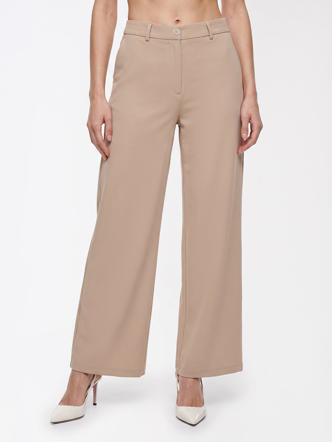 Women Beige High-Rise Wide Leg Jeans
