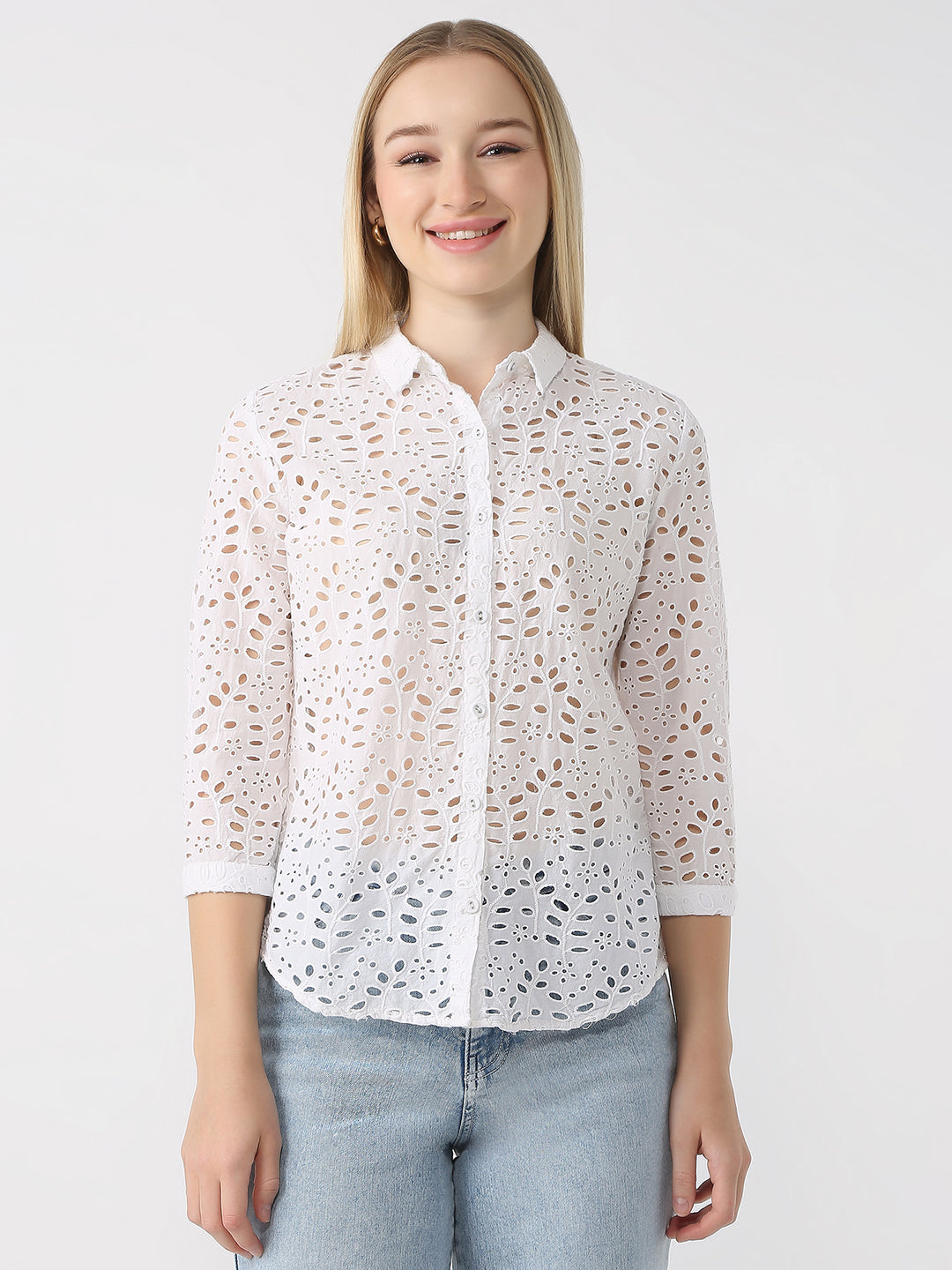 Women Bleach White Schiffli Shirt