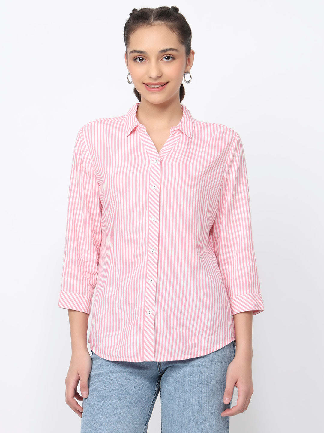Women Pink/White Striped Shirt