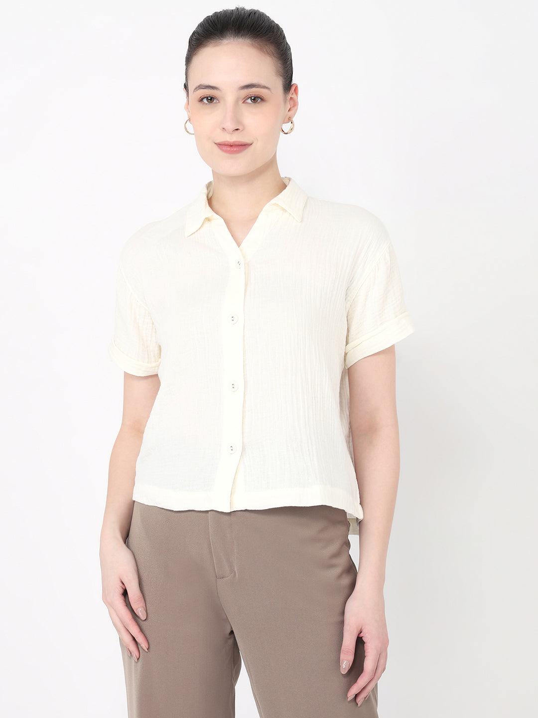 Women Ivory Slim Fit Crop Shirt