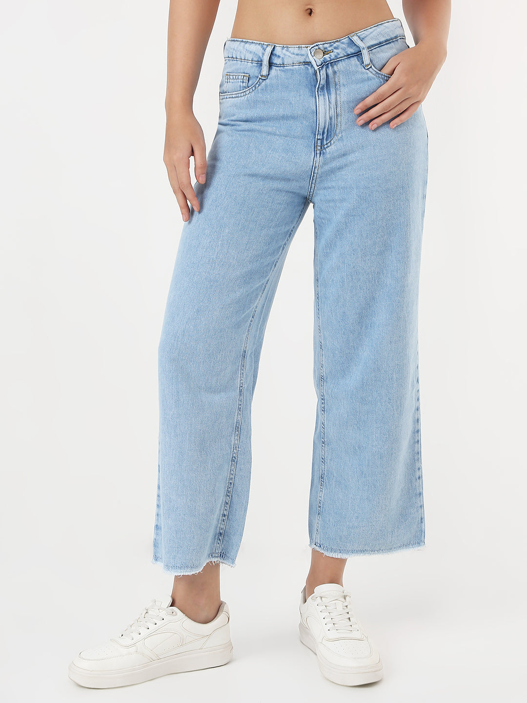 Women Medium Blue Crop Wide Leg Jeans