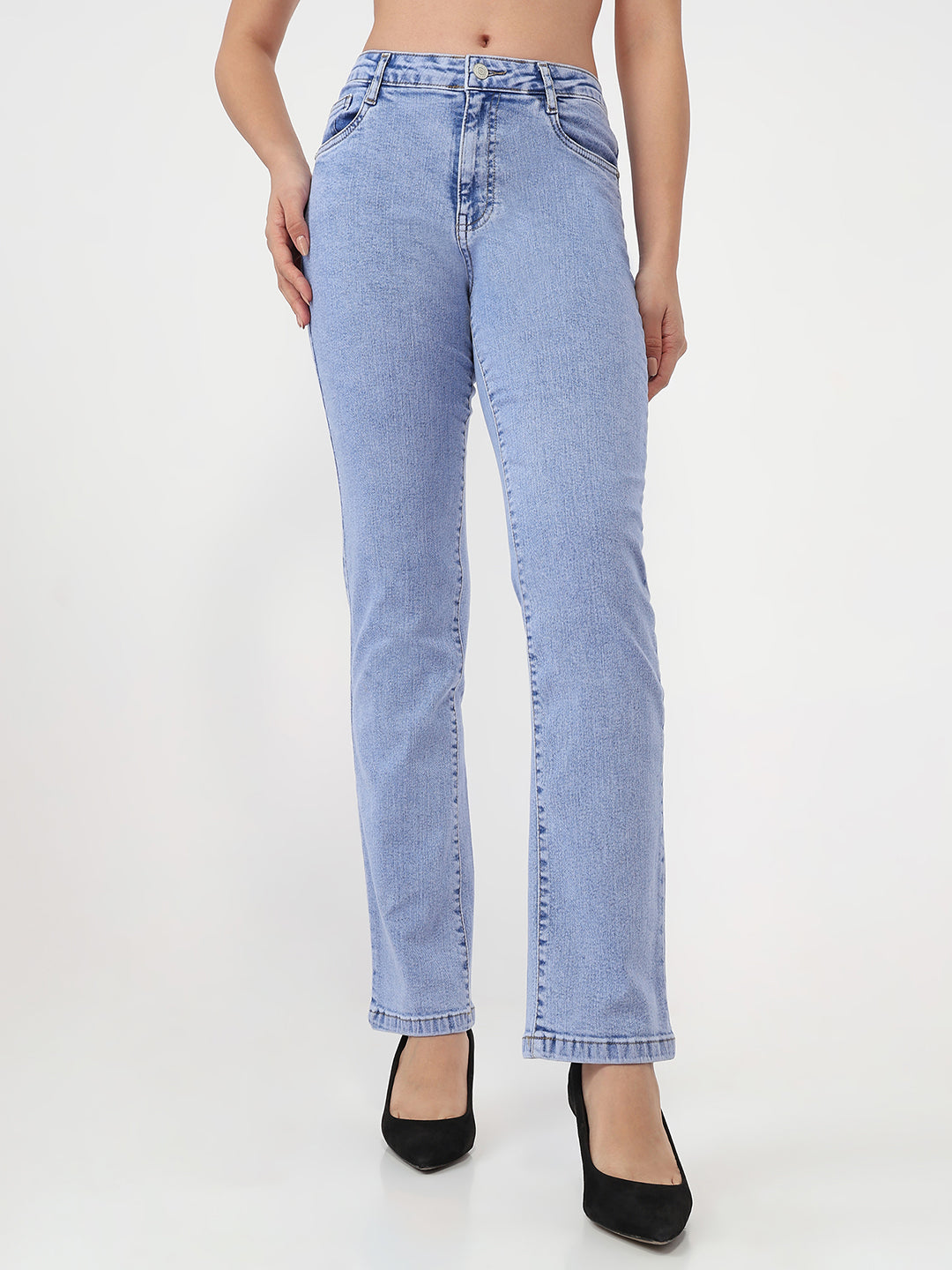 Women Light Blue High-Rise Slim Straight