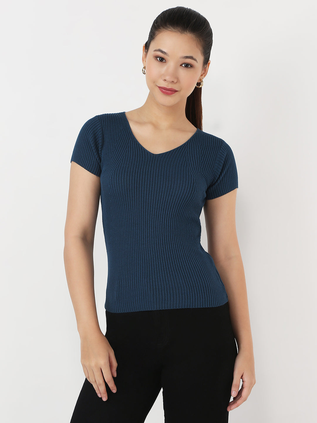 Women Teal Slim Flat Knit Top
