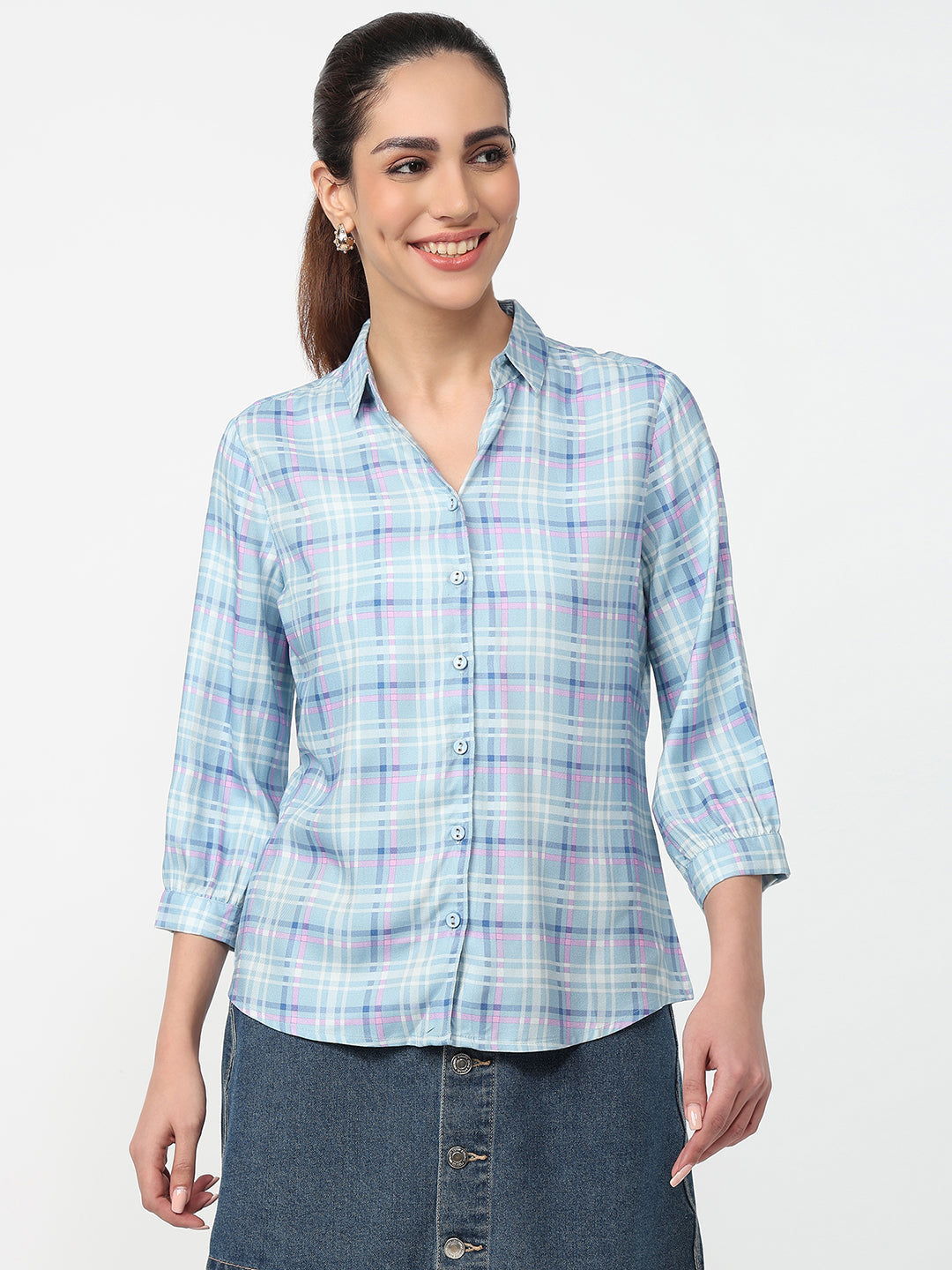 Women Powder Blue Checked Shirt