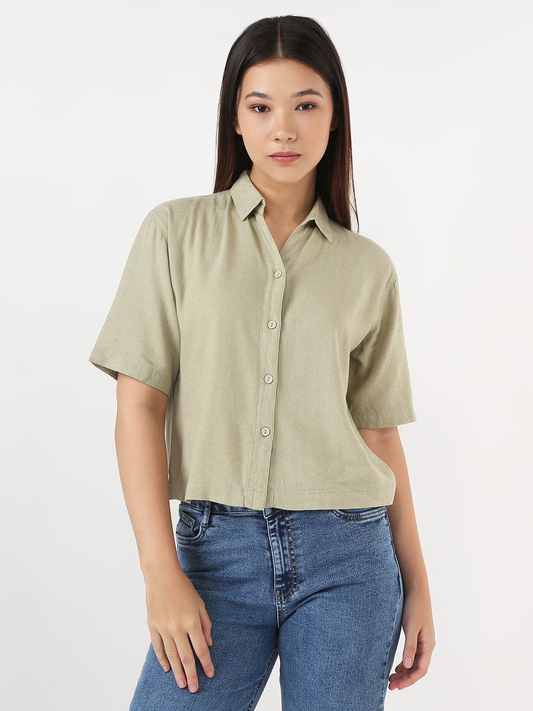 Women Light Olive Crop Shirt