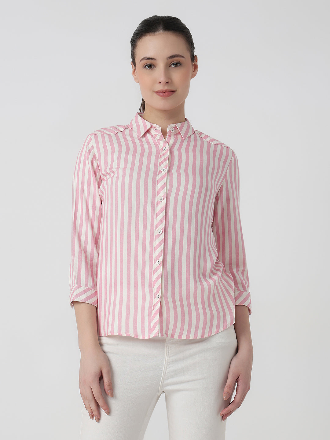 Women Pink/White Slim Fit Shirt