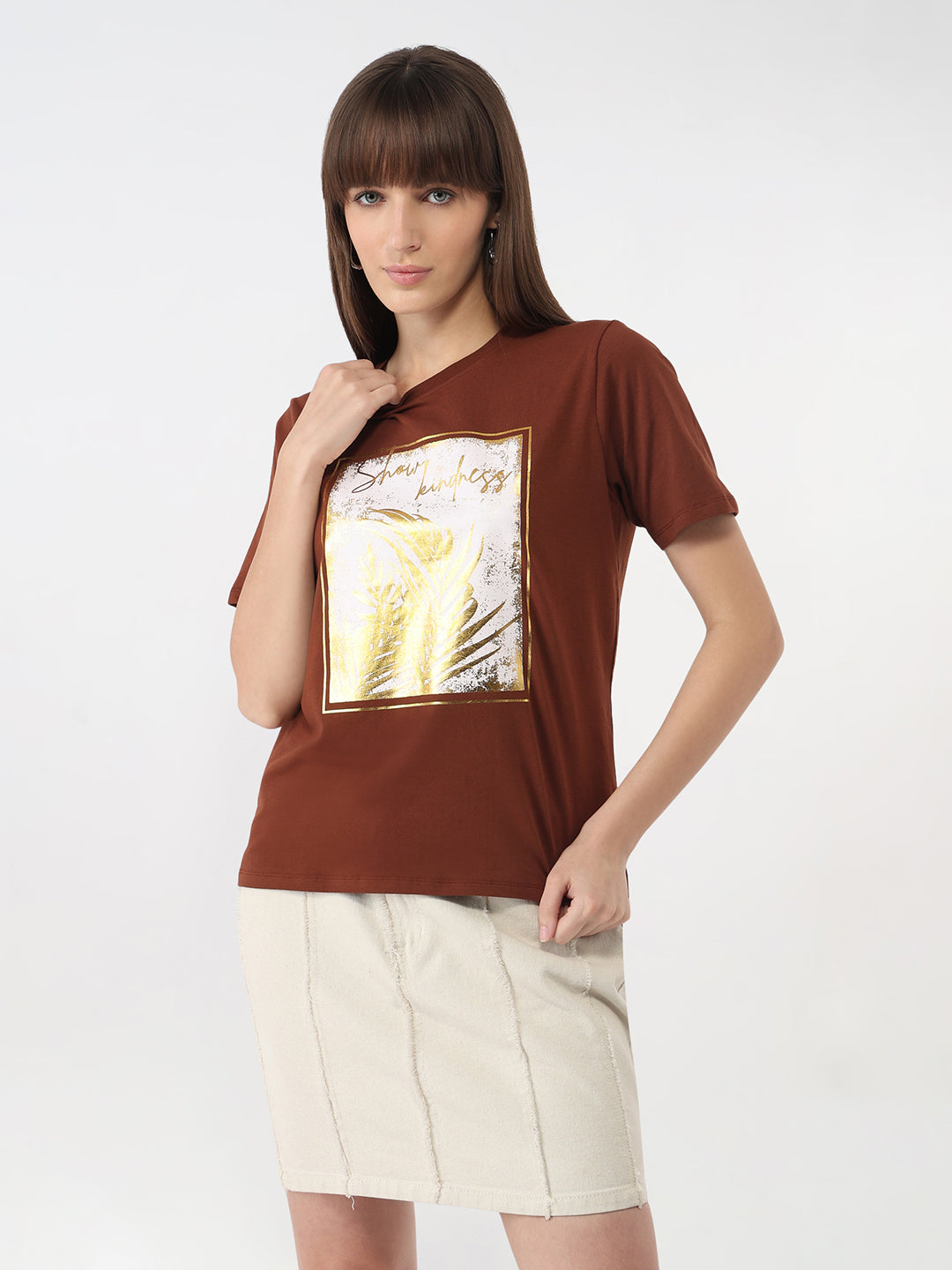 Women Sepia Slim Graphic T-Shirt