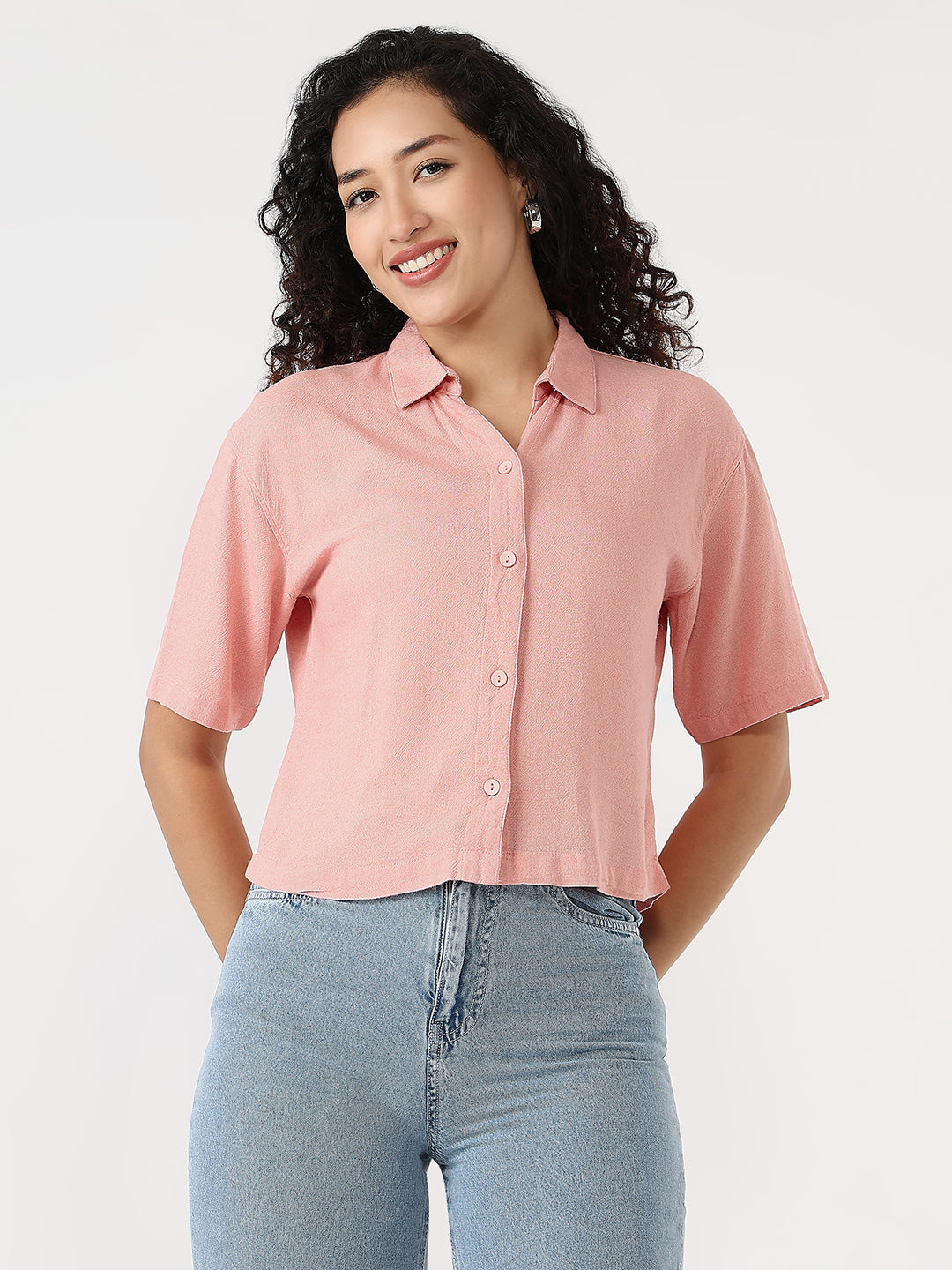 Women Blush Pink Slim Crop Shirt