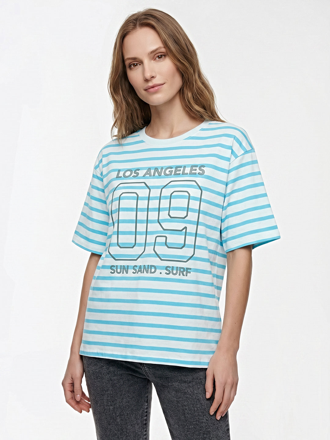 Women Sky/White Stripe Oversized T-Shirt