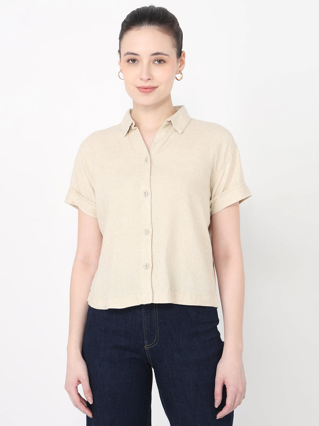 Women Dark Natural Slim Fit Crop Shirt