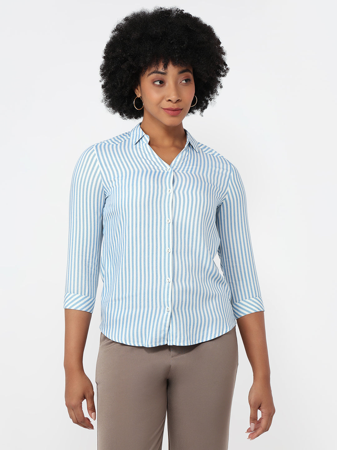 Women Sky/White Slim Fit Shirt