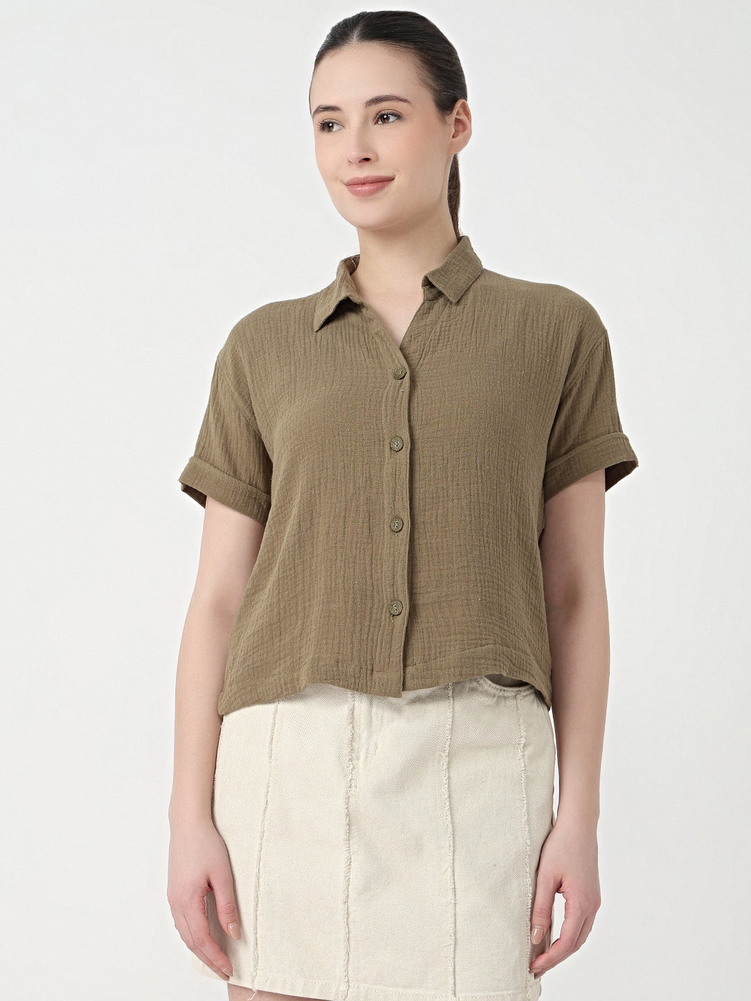 Women Olive Slim Fit Crop Shirt