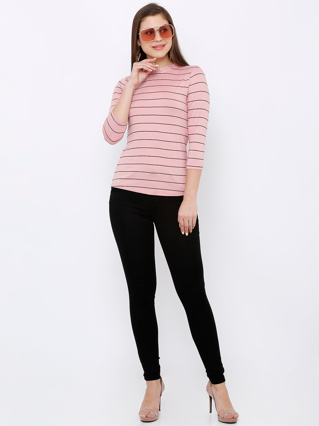 Women Blush Pink Striped Slim T-Shirt