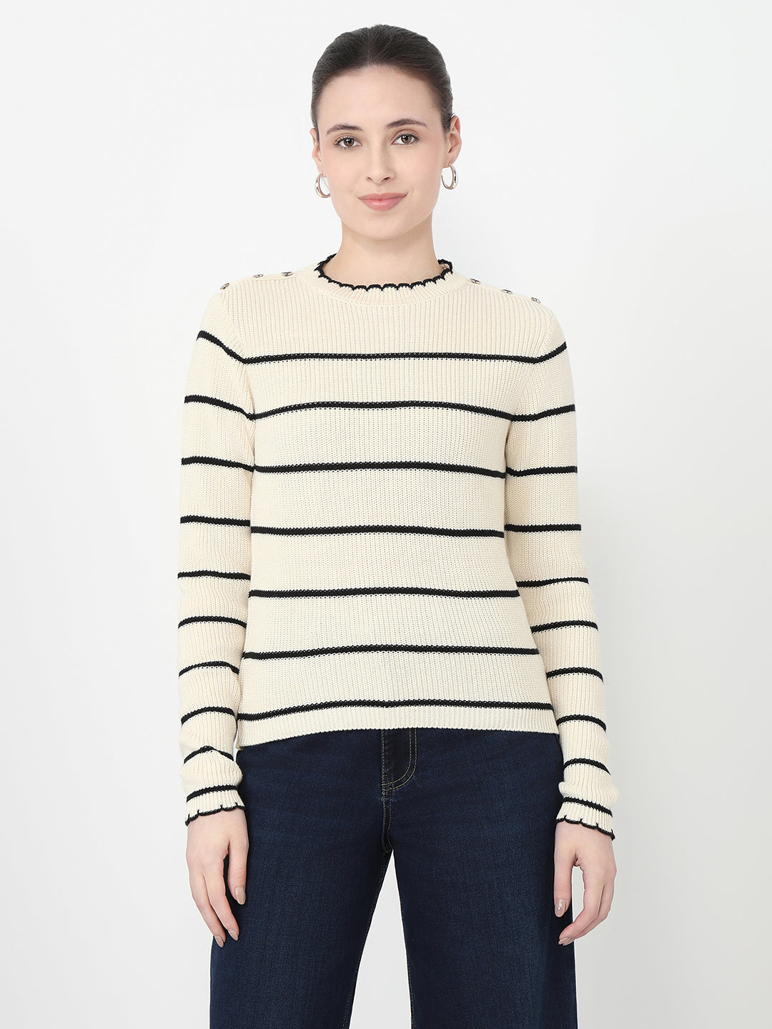 Women Ivory/Black Slim Fit Sweater
