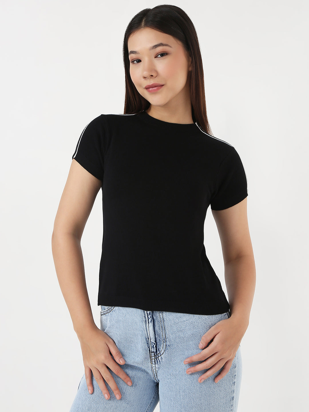 Women Black Slim Flat Knit Top