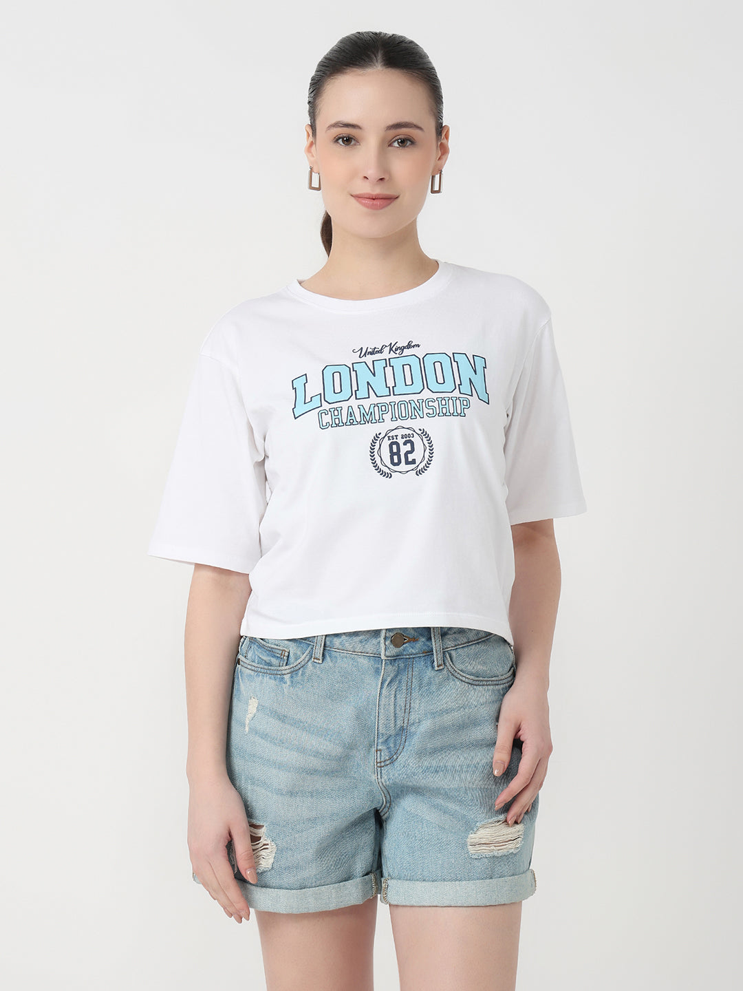 Women White Slim Fit Graphic Crop T-Shirt