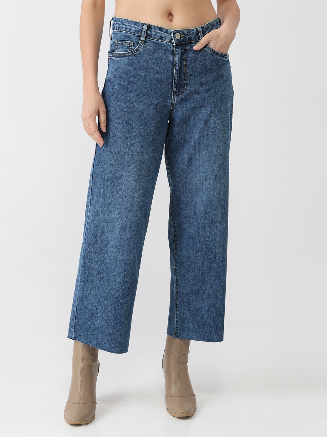 Women Blue High-Rise Crop Wide Leg Jeans