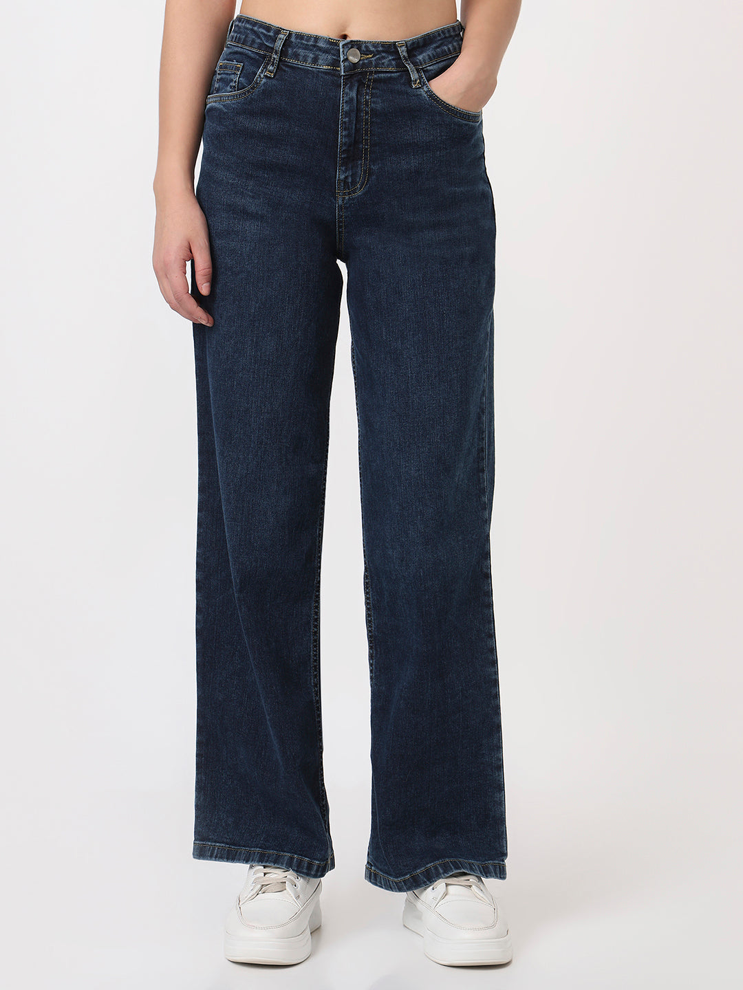 Women Dark Blue High-Rise Wide Leg Jeans
