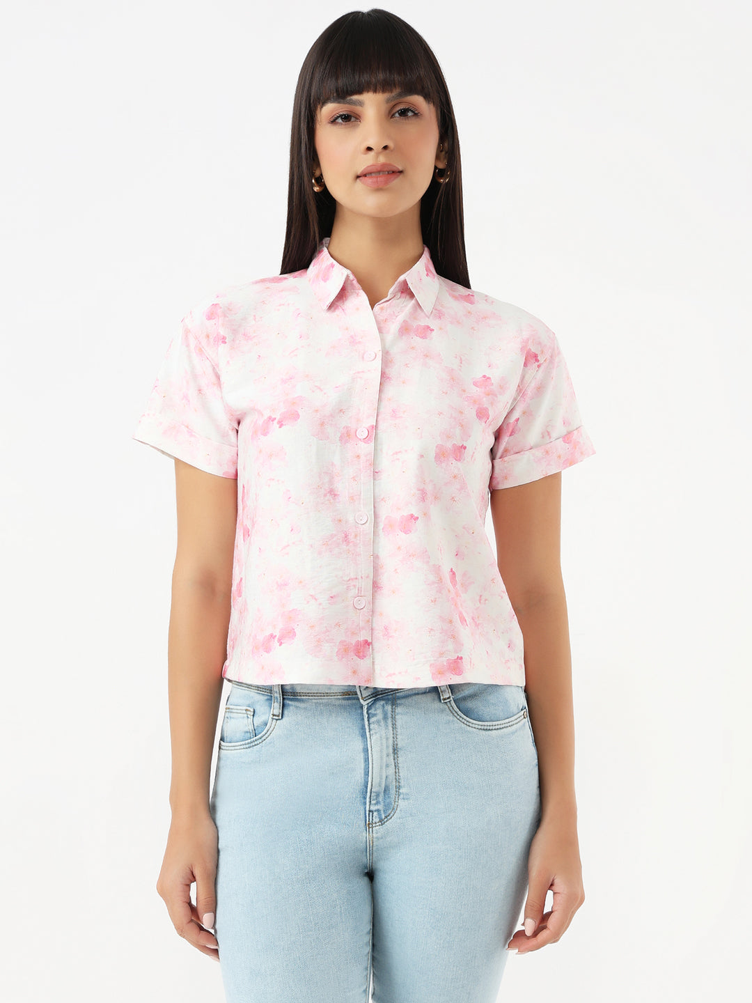 Women Pink Floral Slim Crop Shirt