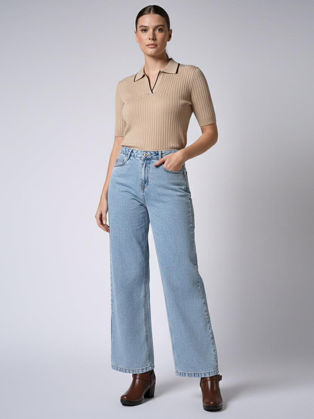 Women Light Blue High-Rise Wide Leg Jeans