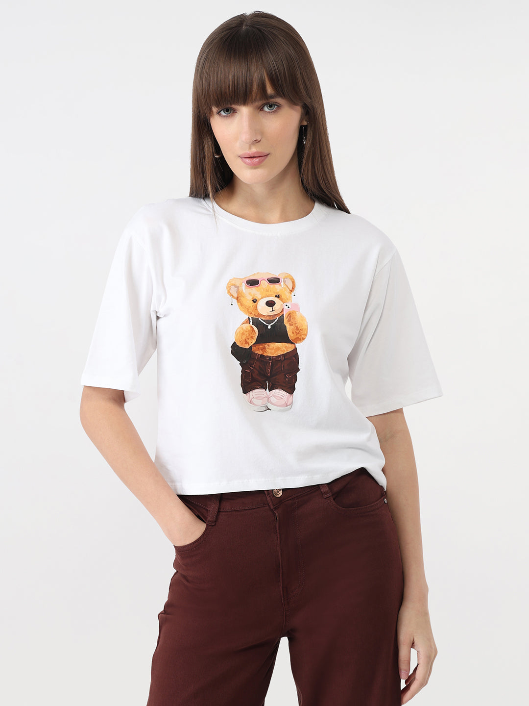 Women White Graphic Crop Slim T-Shirt