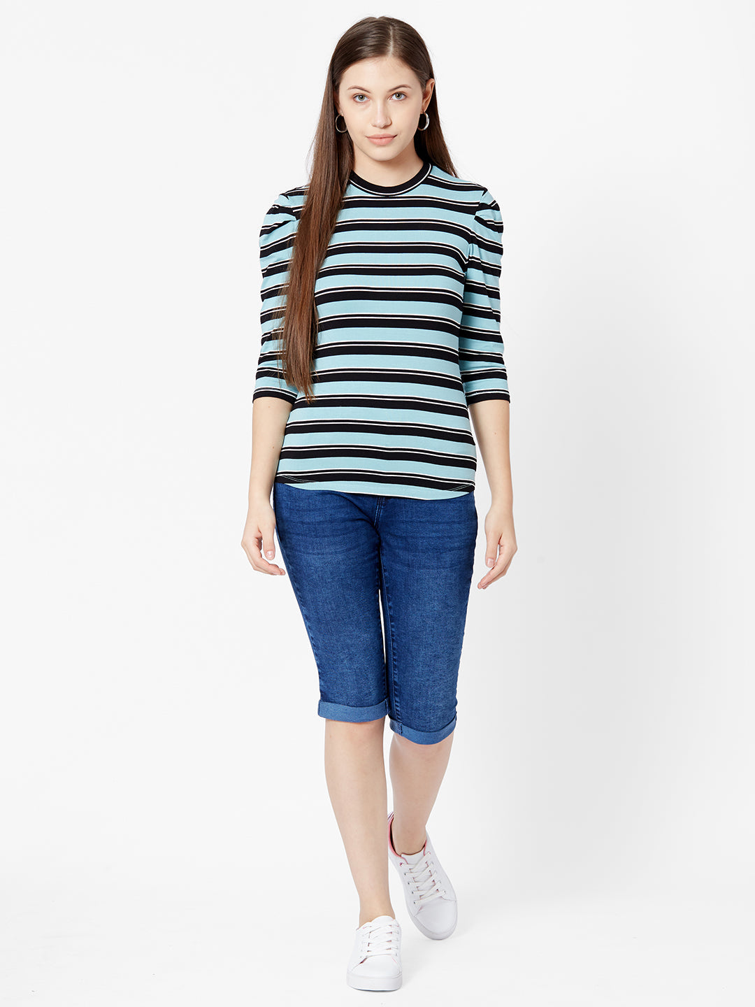 Women Aqua Black Stripe T-Shirt