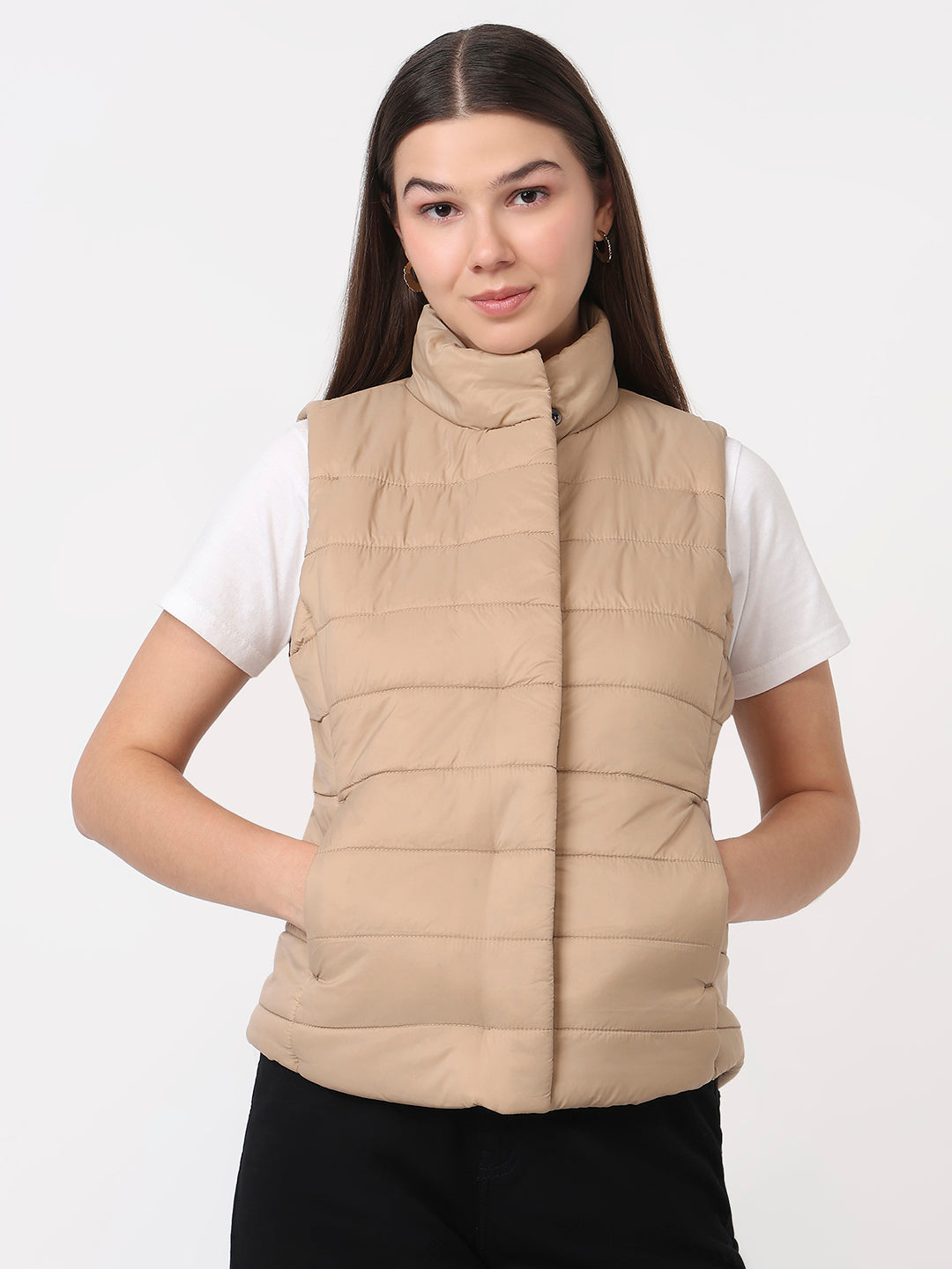 Women Beige Slim Fit Winter Jacket