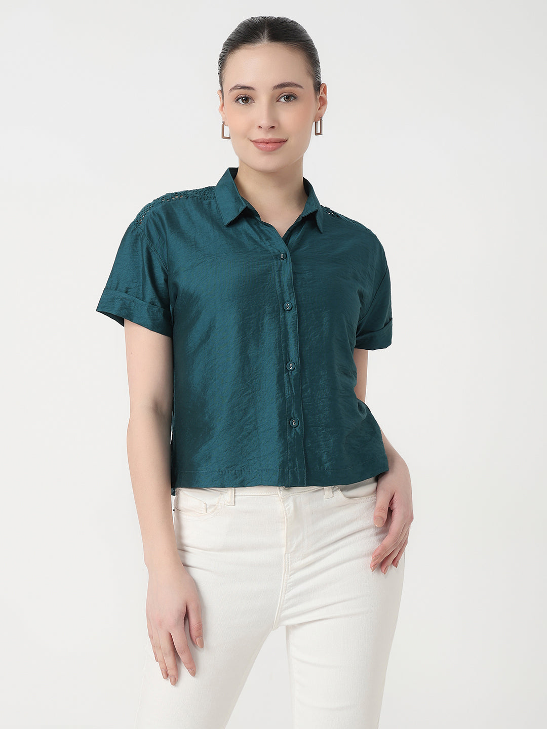 Women Deep Lake Slim Fit Crop Shirt