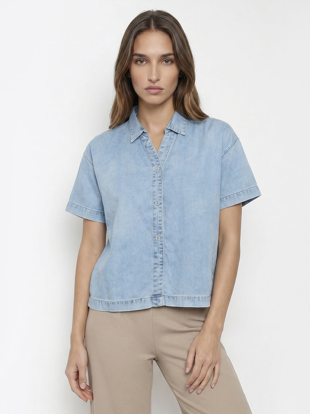 Women Light Blue Crop Shirt