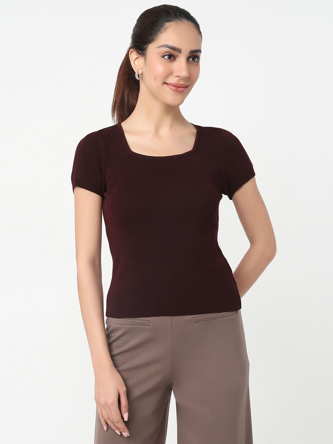 Women Wine Slim Flat Knit