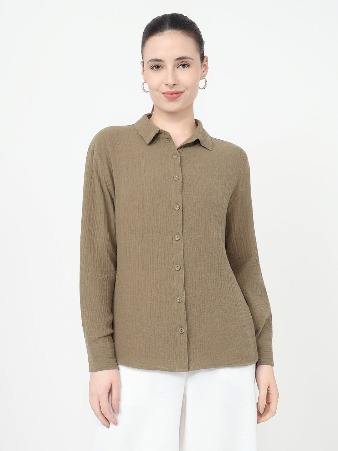 Women Olive Slim Fit Oversized Shirt