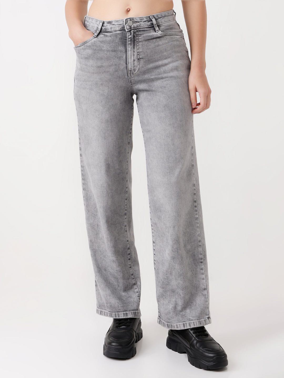 Women Grey High-Rise Wide Leg Jeans