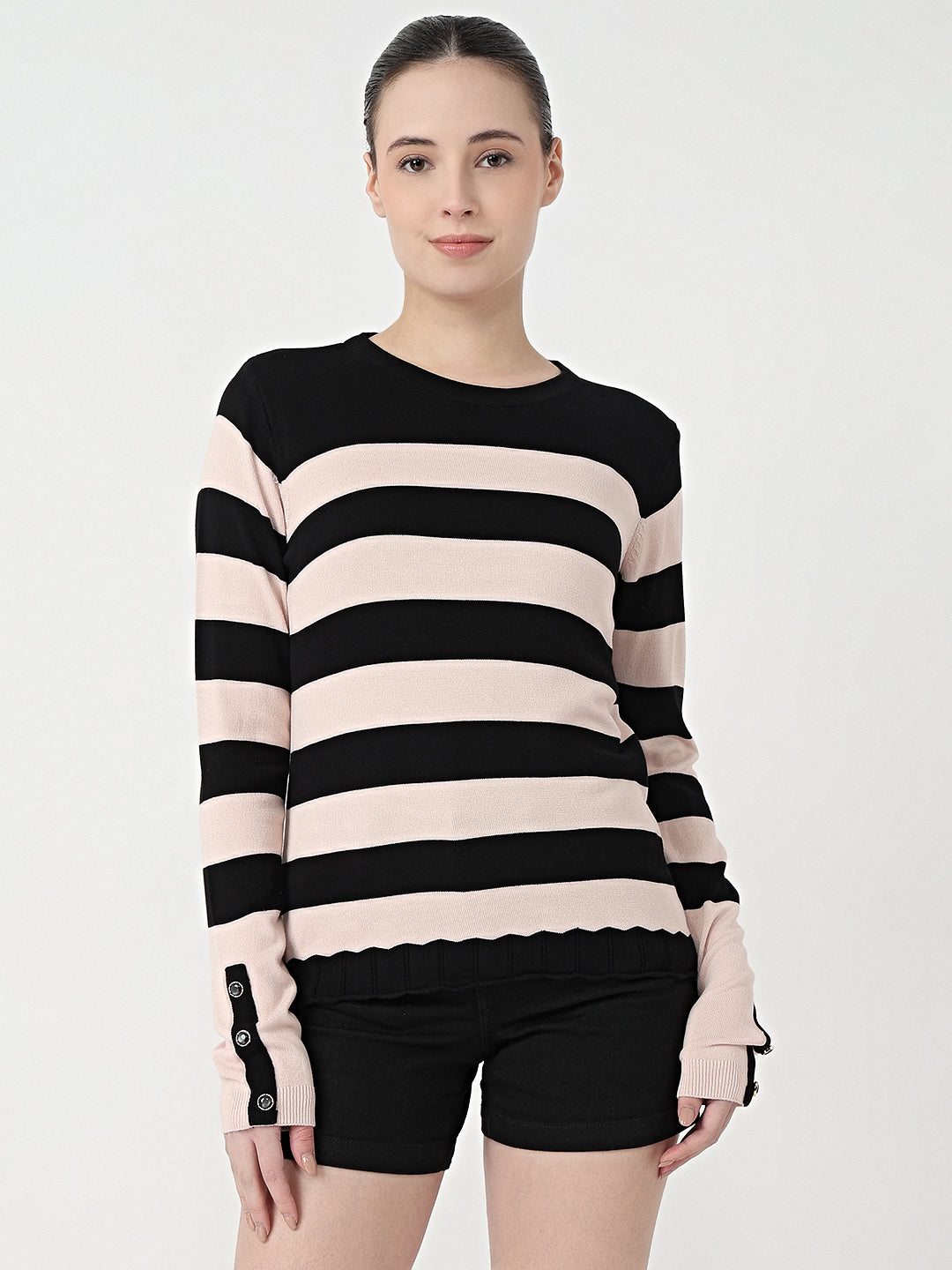 Women Black/Beige Slim Fit Flat Knit