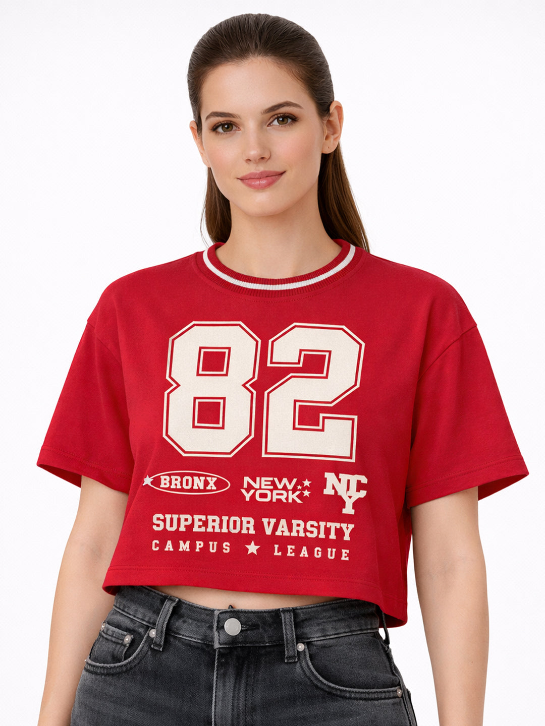 Women Red Graphic Crop Tees