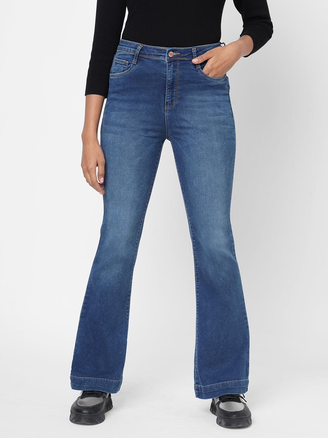 Women Blue High-Rise Mini Flare Jeans