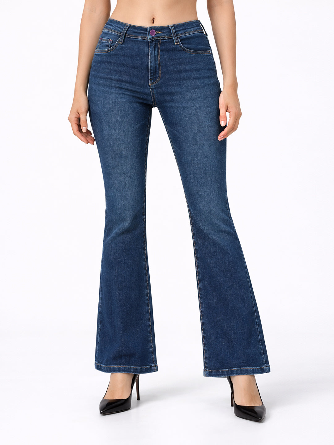 Women Dark Blue High-Rise Mini Flare Jeans
