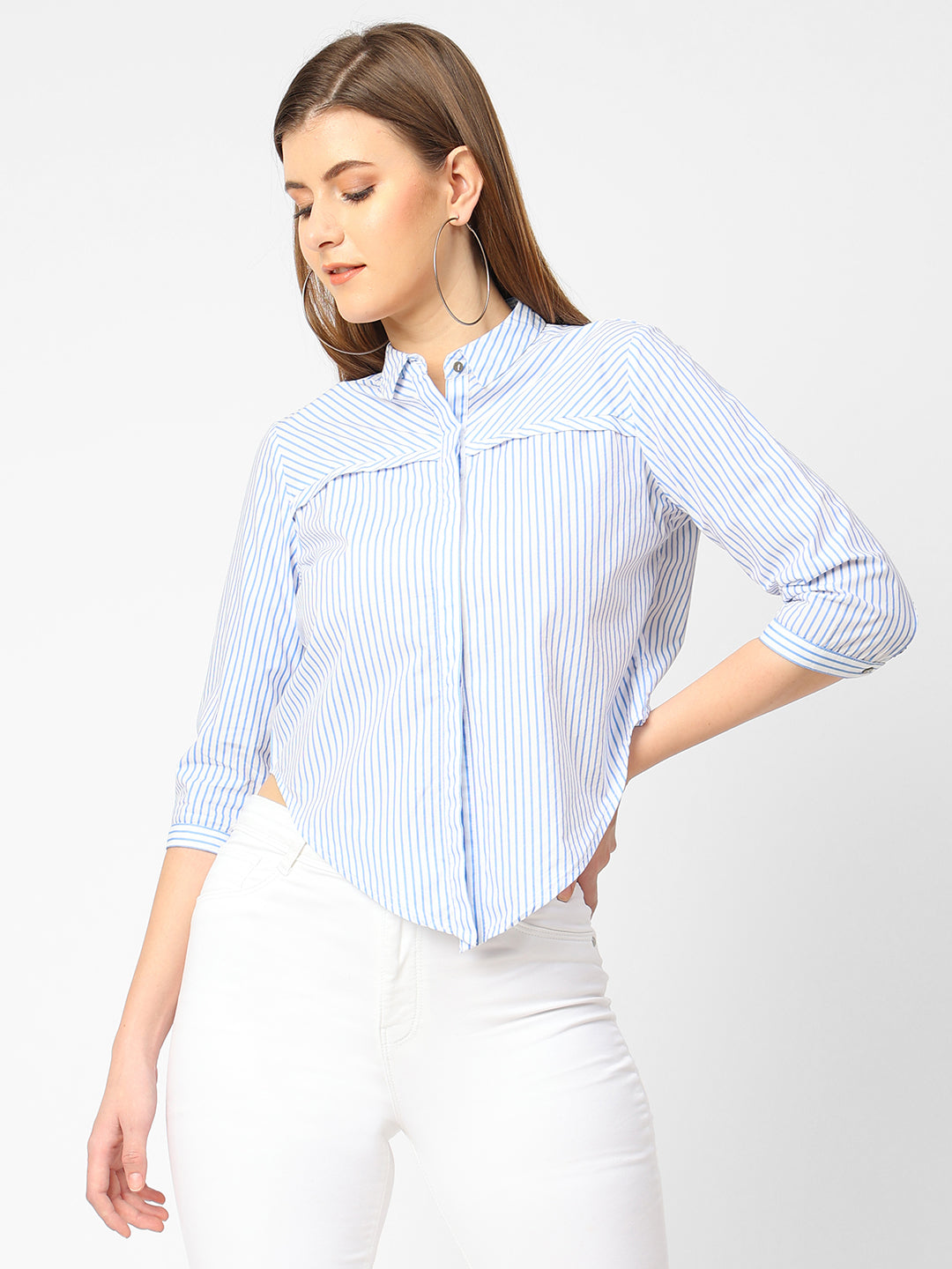 Women Blue & White Slim Crop Shirt