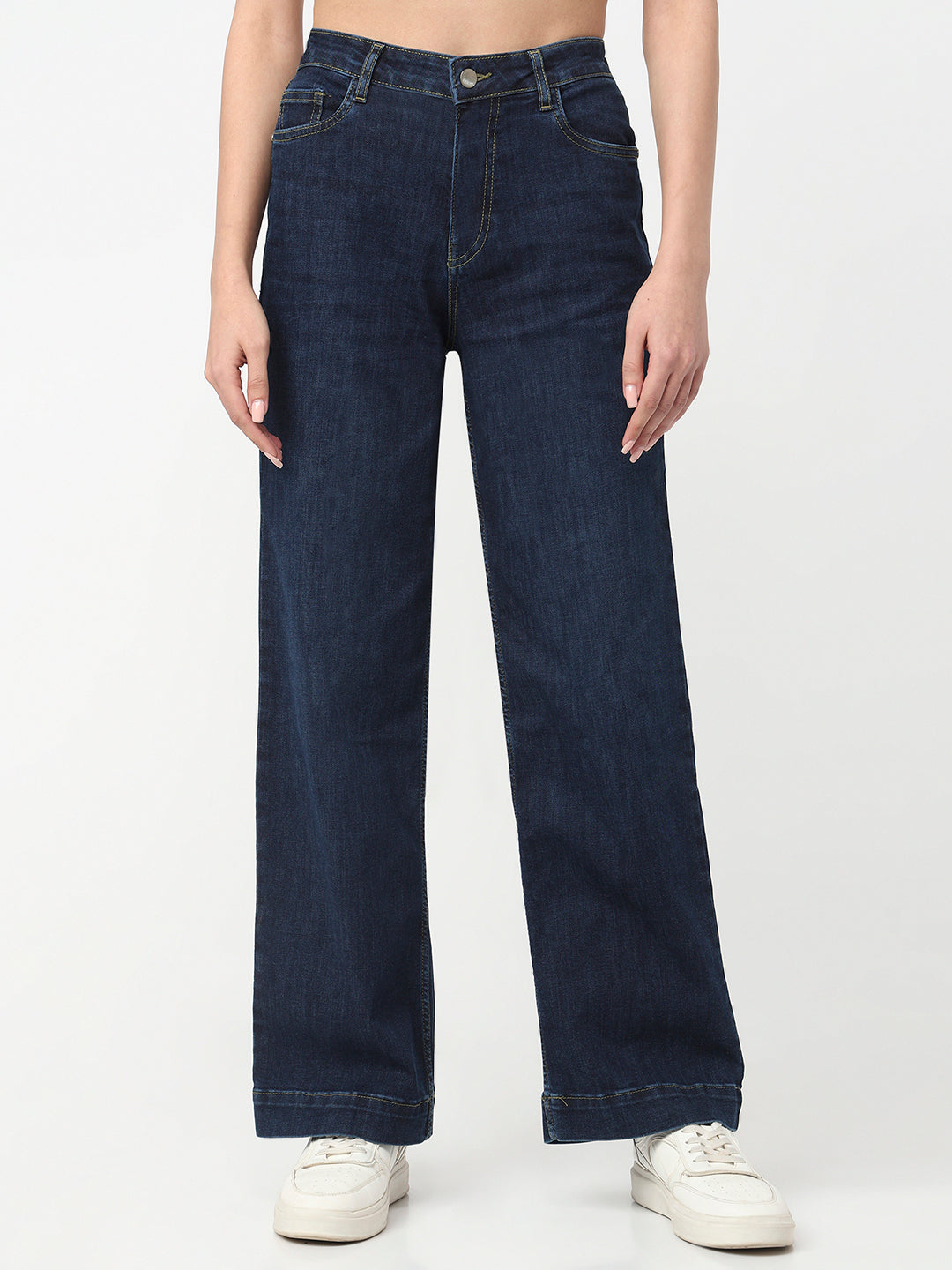 Women Dark Blue High-Rise Wide Leg Jeans