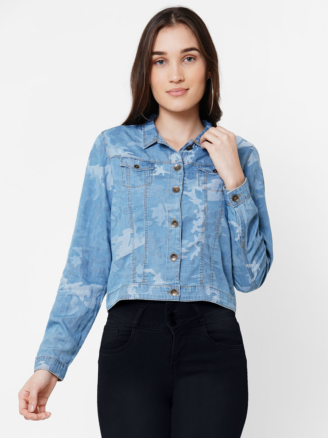 Women Blue Printed Crop Jacket