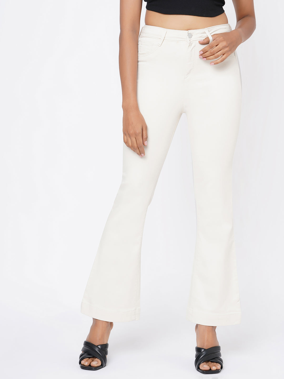 Women Ecru High-Rise Mini Flare Jeans