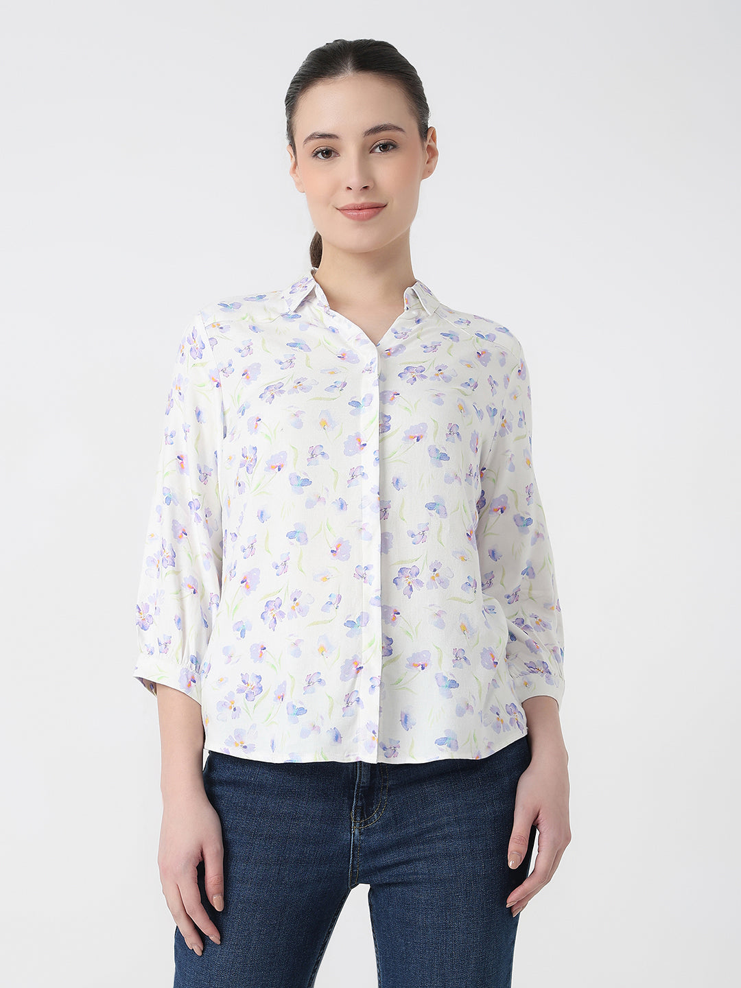 Women Blue Floral Slim Fit Shirt
