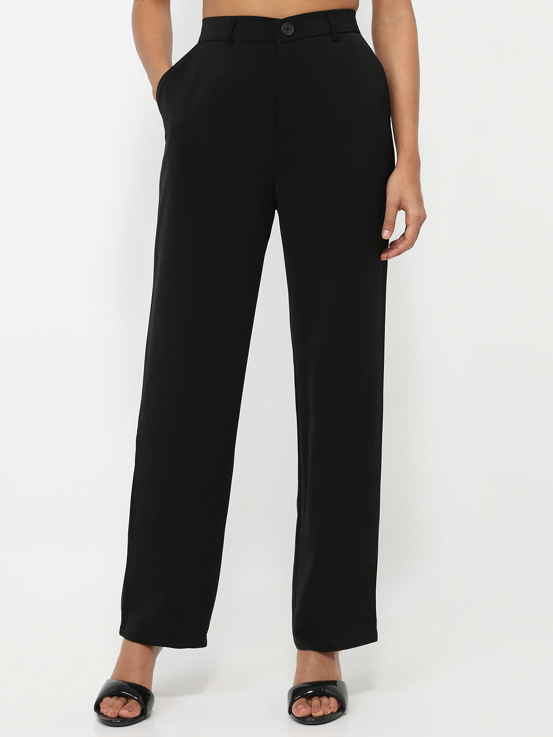 Women Black Mid-Rise Loose Straight Fit Pants