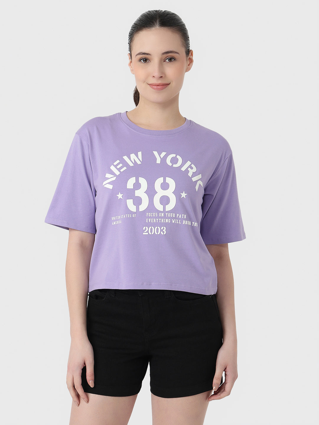 Women Lilac Slim Fit Graphic Crop T-Shirt