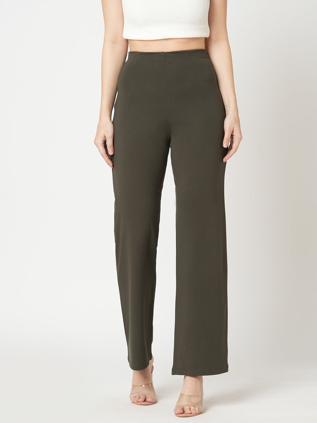 Women Olive Straight Wide Leg Treggings
